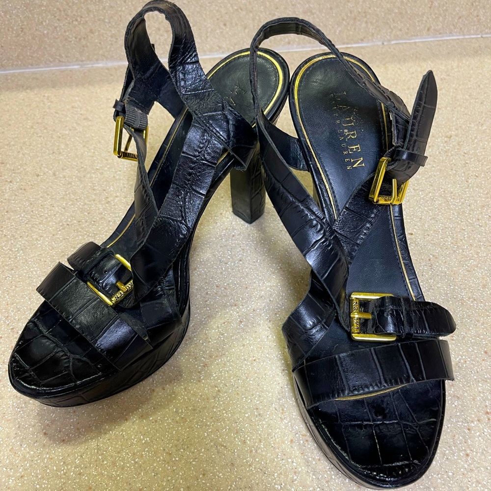 Lauren Ralph Lauren Crocodile Embossed Black Heeled Sandal